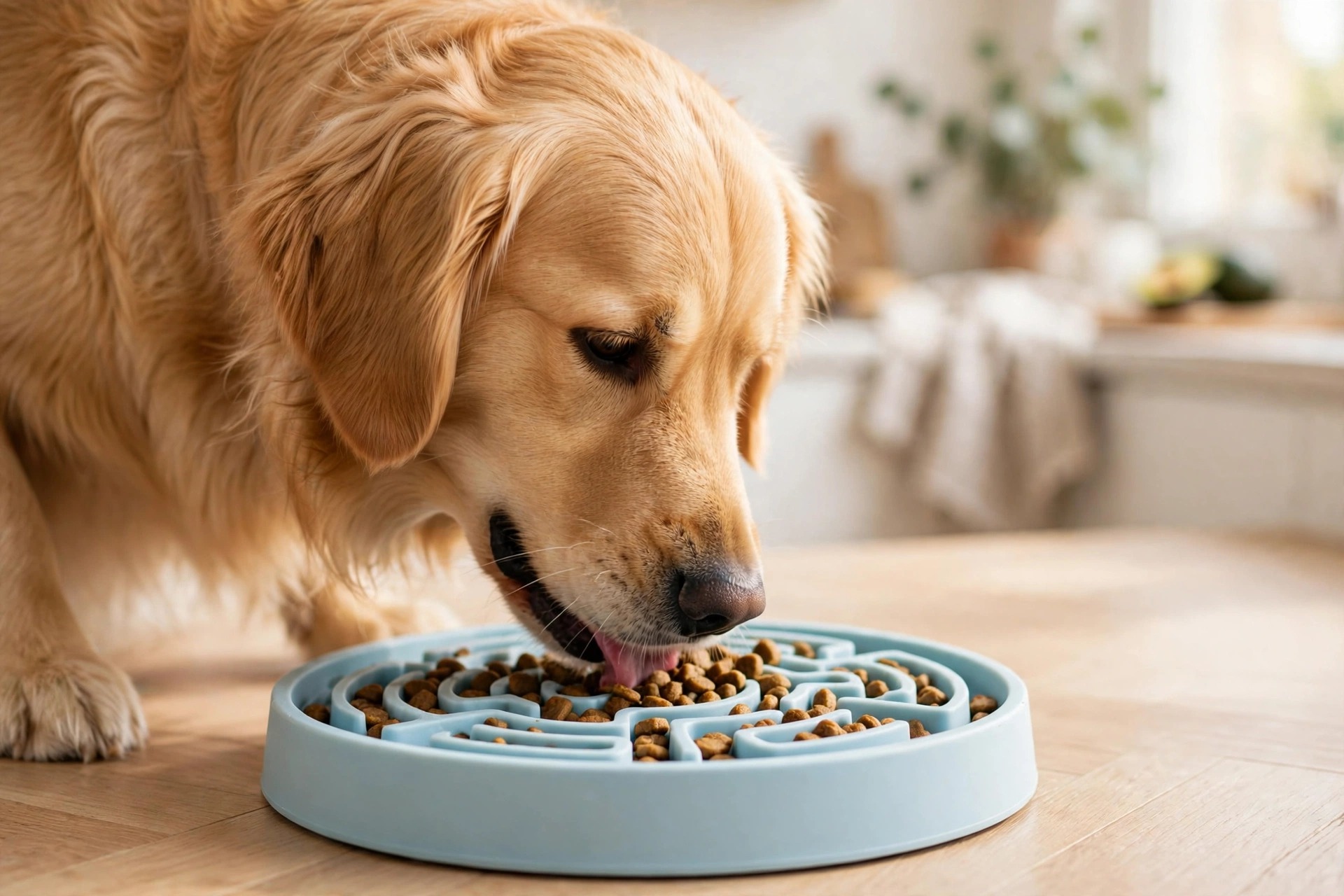 Dog using a slow feeder bowl